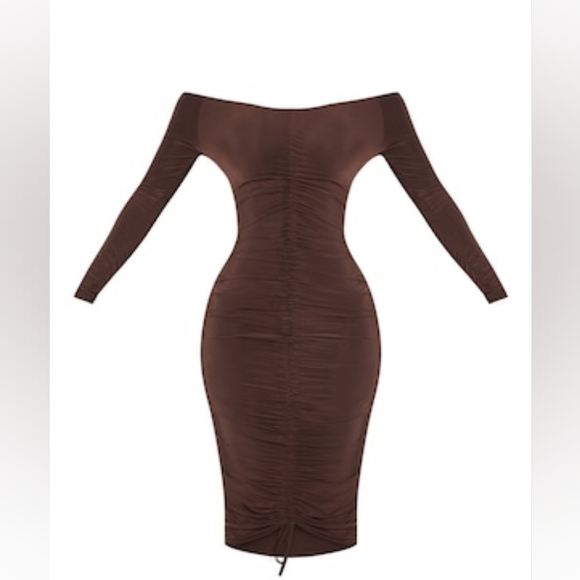 Pretty Little Thing Brown front cinch up midi dress - Picture 6 of 8